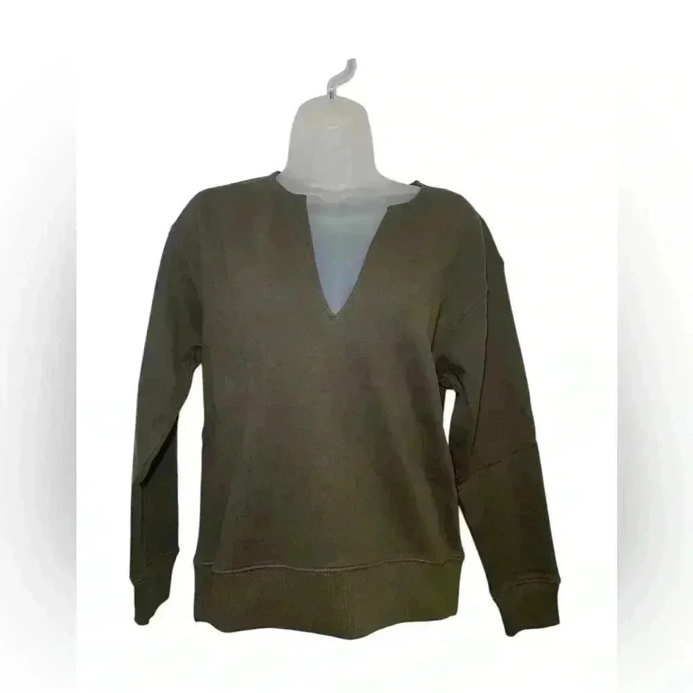 Thakoon Deep Olive V-Neck Cotton Sweatshirt Size Small NWT - Picture 2 of 5